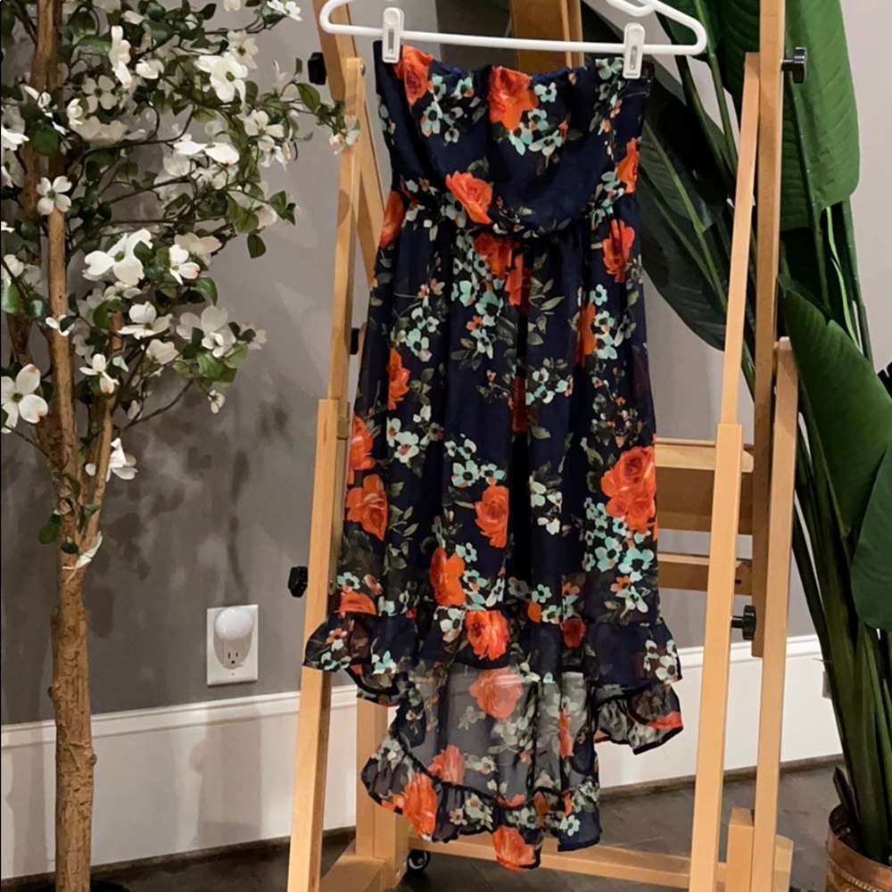 Hi low floral print strapless dress